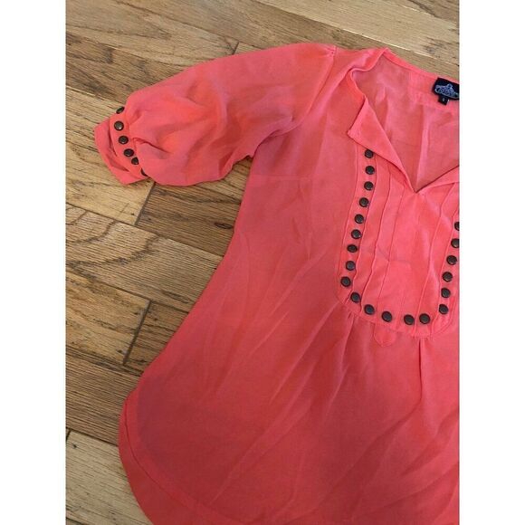 Angie Women's sheer Coral Blouse With Studded Front v-neck & 3/4 Sleeves Small - Picture 2 of 9